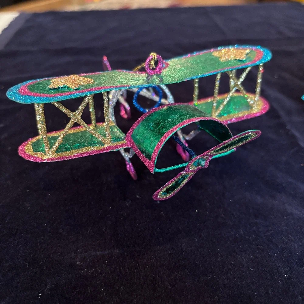 Vintage Glitter Metallic Foil Airplane Train Star Christmas Ornament Set 3pc